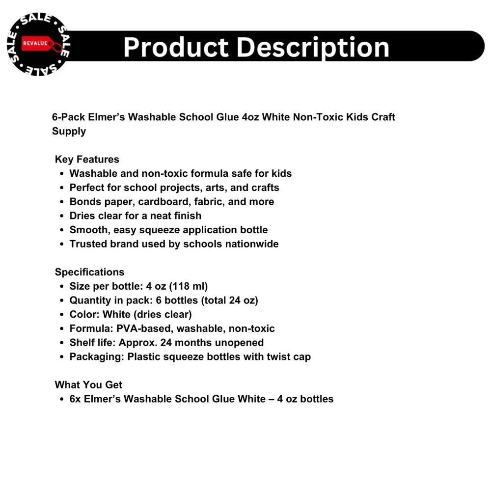 6-Pack Elmer's Washable School‎ Glue 4oz White Non-Toxic Kids Craft Supply